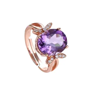 Fabricant de bijoux de pierres précieuses en gros nouveau design à la mode véritable améthyste violet 925 naturelle en argent sterling bague en cristal