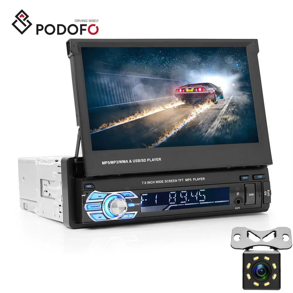 Podofo Car Audio Radio BT 1Din 7" HD Retractable Touch Screen MP5 SD FM USB 8 IR LED Rear View Camera