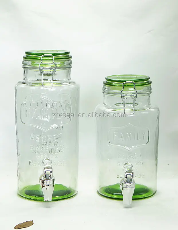 2L Groene Kleur "FAMILIE" Embossment Mason Jar Glas Drank Dispenser met Vergrendeling Klem Deksel