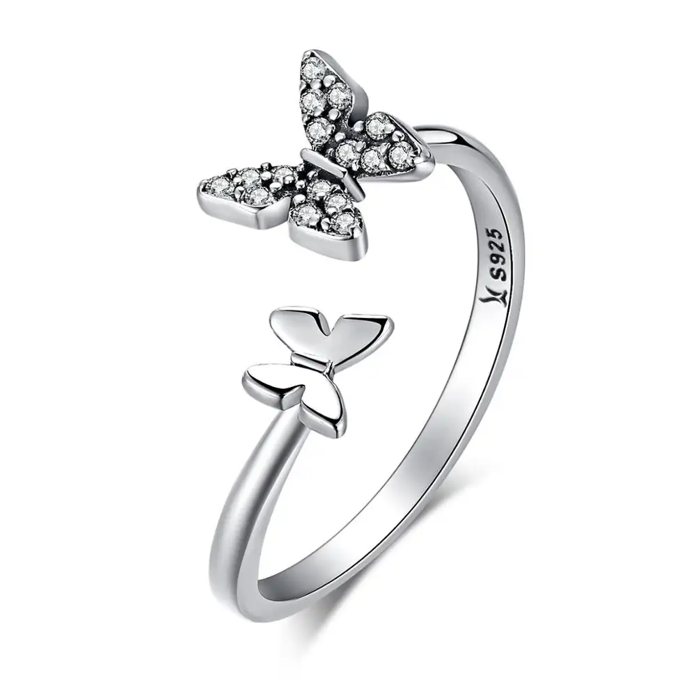 BAGREER SCR087 Elegant Cute Butterfly Adjustable Open Cuff Zircon Gemstone Silver 925 Rings Women Jewelry