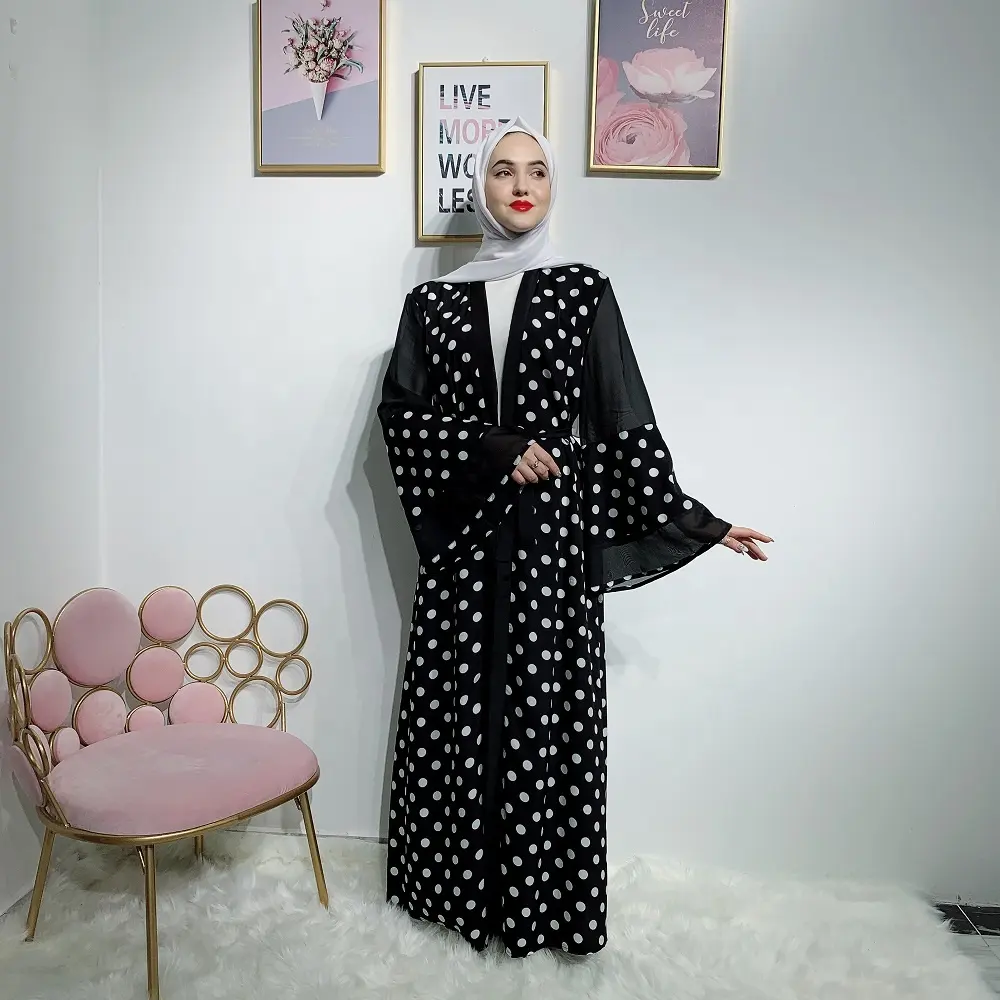 새로운 모델 두바이 abaya 패션 폴카 도트 기모노 카디건 이슬람 의류 겸손한 abaya