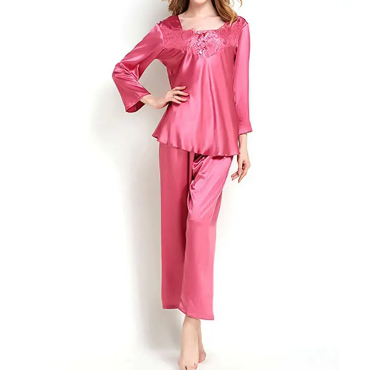 Conjunto de roupa de dormir feminina, pijamas de seda cetim com estampa