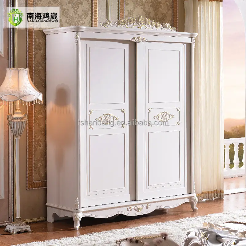 สีขาวโบราณฝรั่งเศสประตูบานเลื่อนห้องนอนตู้เสื้อผ้า Armoire เฟอร์นิเจอร์