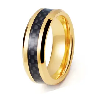 出厂价8毫米黄金镀金黑色碳纤维钨戒指男士金戒指