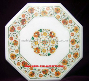 Dessus de Table à incrustation en marbre blanc, Table basse en marbre au Design complexe - Product Image 1