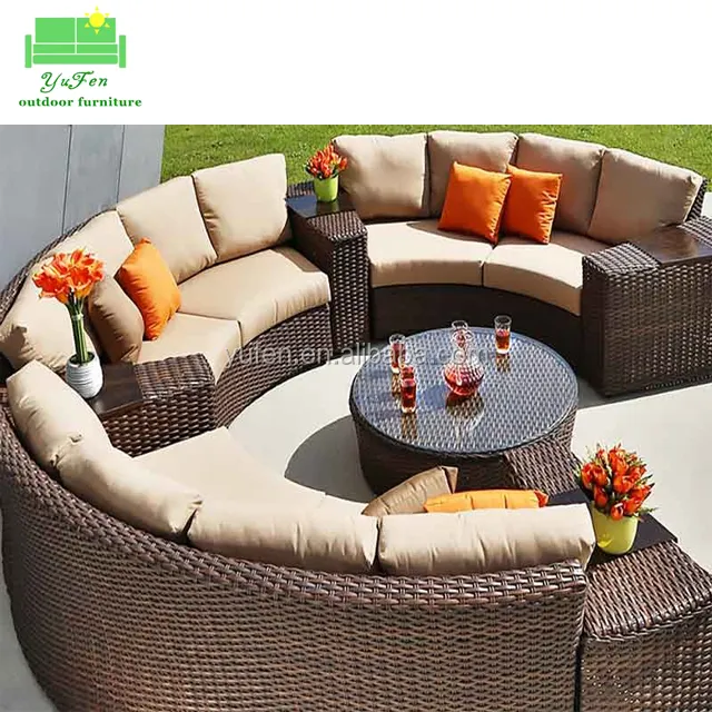 All weather rattan hotel lobby half round sofa outdoor patio aluminum garden sofa