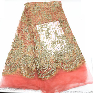 Haute qualité + perles poudre d'or <span class=keywords><strong>tissus</strong></span> de dentelle africaine ASO EBI joli filet français broderie Tulle dentelle tissu pour nigérian Dres J029 - Product Image 3