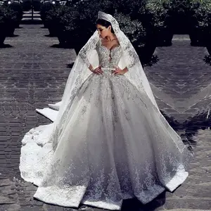 Gaun Pengantin Mewah Lengan Panjang Bermanik-manik Renda Applique Gaun Pengantin Merek Abiti Da Sposa Gaun Pernikahan Muslim Robe De Mariage