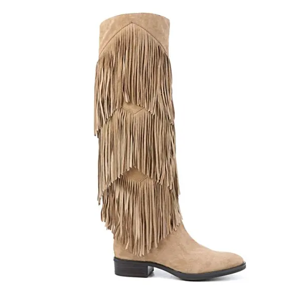 thicker rubber sole genuine suede leather women tassel slouch flat heels fringe boots thigh high knee boots