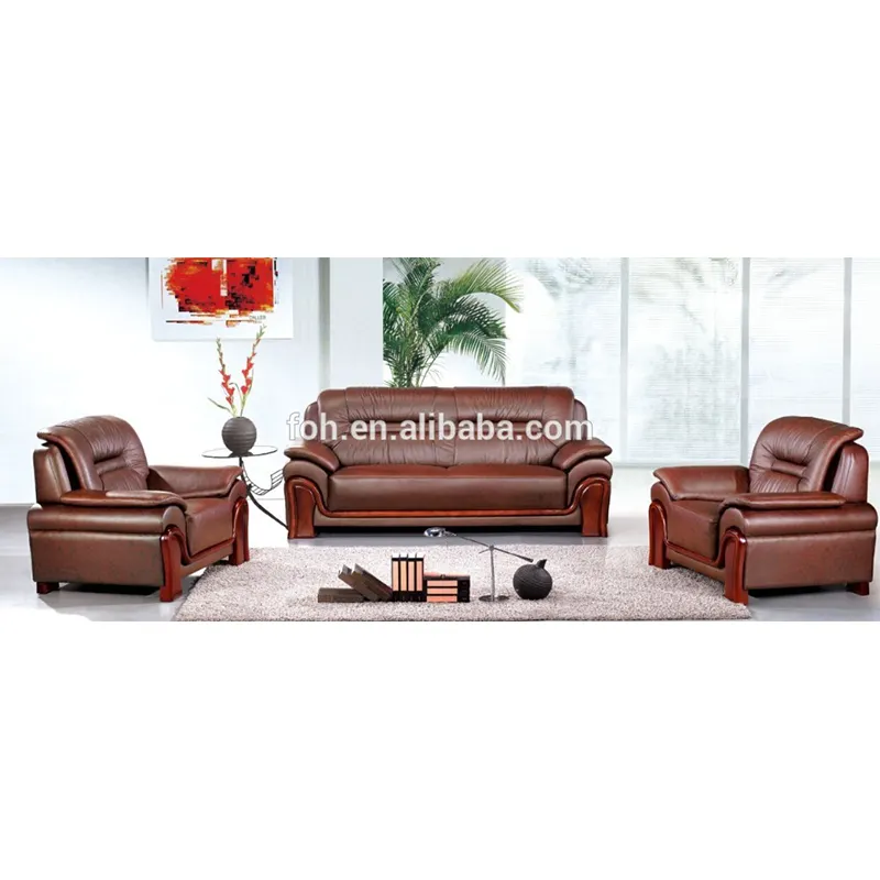 Burgundy Slinky Leather Comfortable Modern Sectional Sofa Set (FOH-6627)
