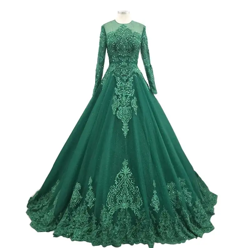 Modest Long Sleeve Muslim Bridal A Line Beaded Green Wedding Dress