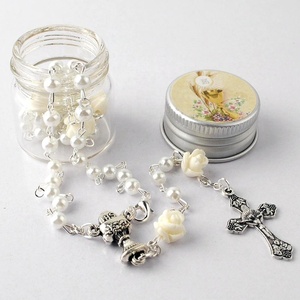 Rosario Cattolico per Prima Comunione <span class=keywords><strong>con</strong></span> Perle di Vetro da 4mm e Perle di <span class=keywords><strong>Corallo</strong></span> Rosa, Collana per Battesimo <span class=keywords><strong>con</strong></span> Scatola in Vetro e Adesivo a Forma di Calice - Product Image 6