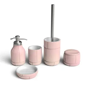 Goedkope Roze Hars Badkamer Accessoires Sets Lotion Dispenser Zeepbakje Tumbler Toiletborstel Houder Tandenborstel Houder