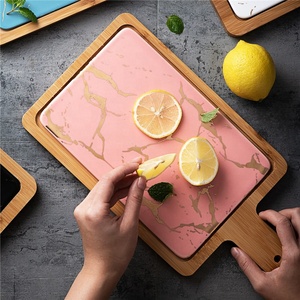 Assiette à Steak rectangulaire <span class=keywords><strong>en</strong></span> céramique <span class=keywords><strong>marbre</strong></span> avec manche <span class=keywords><strong>en</strong></span> bois, ustensiles de table pour Restaurant et hôtel - Product Image 3