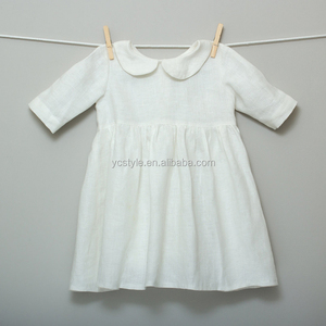 Vestido de lino blanco para bebés y niñas pequeñas con cuello <span class=keywords><strong>peter</strong></span> <span class=keywords><strong>pan</strong></span>, vestido de bautizo con cuello blanco debajo de la rodilla hecho con lino prelavado. - Product Image 3