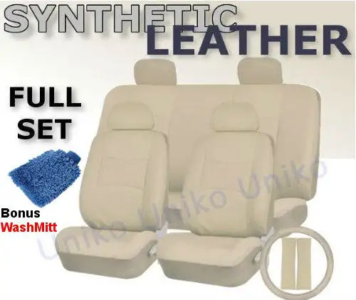 Full Set Pu Cream LEATHER Universal Synthetic 11pc Car Seat Covers