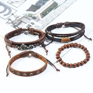 4 PCS/set Weave Leather Wood Bead <span class=keywords><strong>Bracelet</strong></span> pour hommes <span class=keywords><strong>Bracelet</strong></span> fait main multicouche Cool Bicycle Bracelets Bangles - Product Image 3