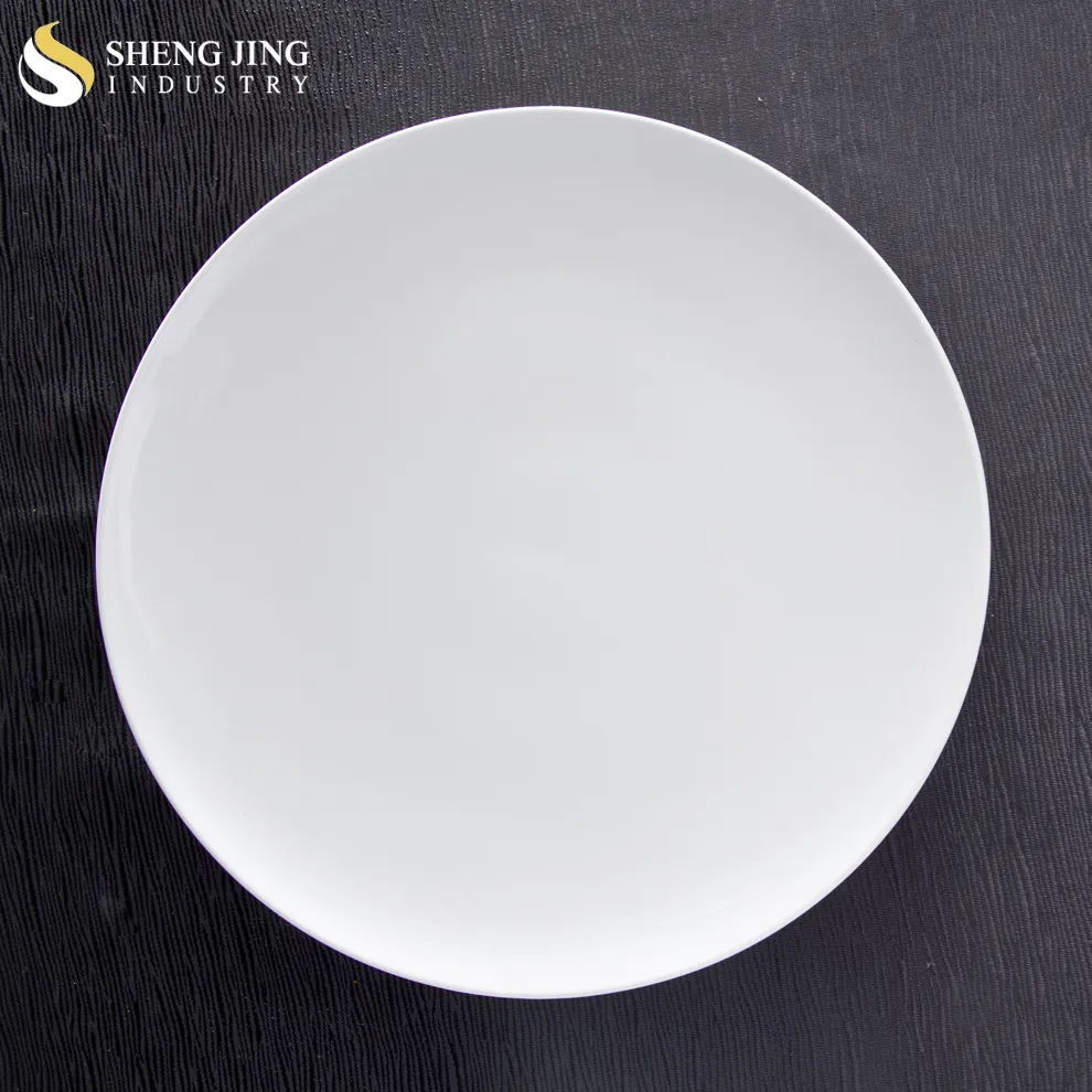 Shengjing piring makan malam porselen restoran, peralatan makan keramik bulat putih Logo kustom kualitas tinggi murah