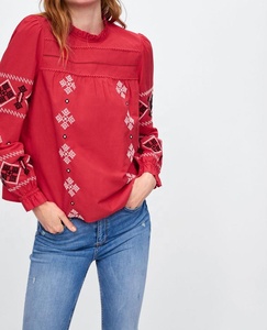 New Model Women Ethnic Design Floral Embroidery Breathable Cotton Vintage Style <strong>Red</strong> <strong>Long</strong> <strong>Sleeve</strong> <strong>Tops</strong> - Product Image 3