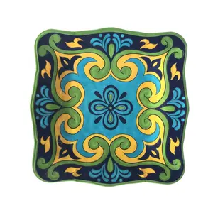 Square shape classic design full print decorate plastic melamine main plate dish Meneed