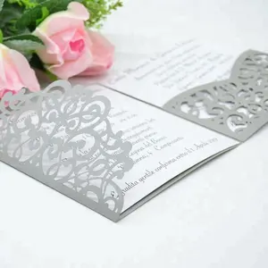 Светло-серебряные Роскошные карманные конверты для свадебных приглашений с лазерной резкой