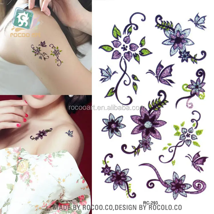 RC293/Flash Fake Tattoo Women Sexy Arm Shoulder Water Transfer Tattoo Waterproof Temporary Tattoo Sticker Purple Vine Flowers