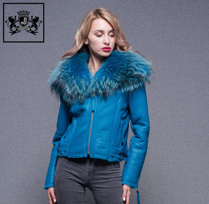 2017 Belle Gigger Raton Laveur Col De Fourrure <span class=keywords><strong>Veste</strong></span> Manteau En Peau de Mouton Femmes Véritable Cuir de Mouton <span class=keywords><strong>Veste</strong></span> Pour Dame - Product Image 1