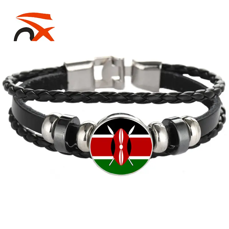 Kenya National Flag Black Pattern Bracelet Black Leather Rope Wristband