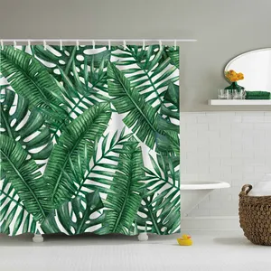 Tropik bitki muz palmiye yaprakları duş perdeleri, Polyester kumaş su geçirmez banyo perdeleri, 180cm X 180cm, yeşil beyaz