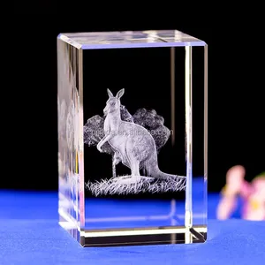 Groothandel Custom Laser Blank Crystal Graveren 3D Kangoeroes Foto Presse-papier Crystal Cube