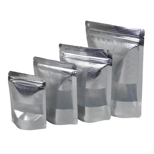 Glossy silver metallic mylar resealable stand up zip lock bags with clear window