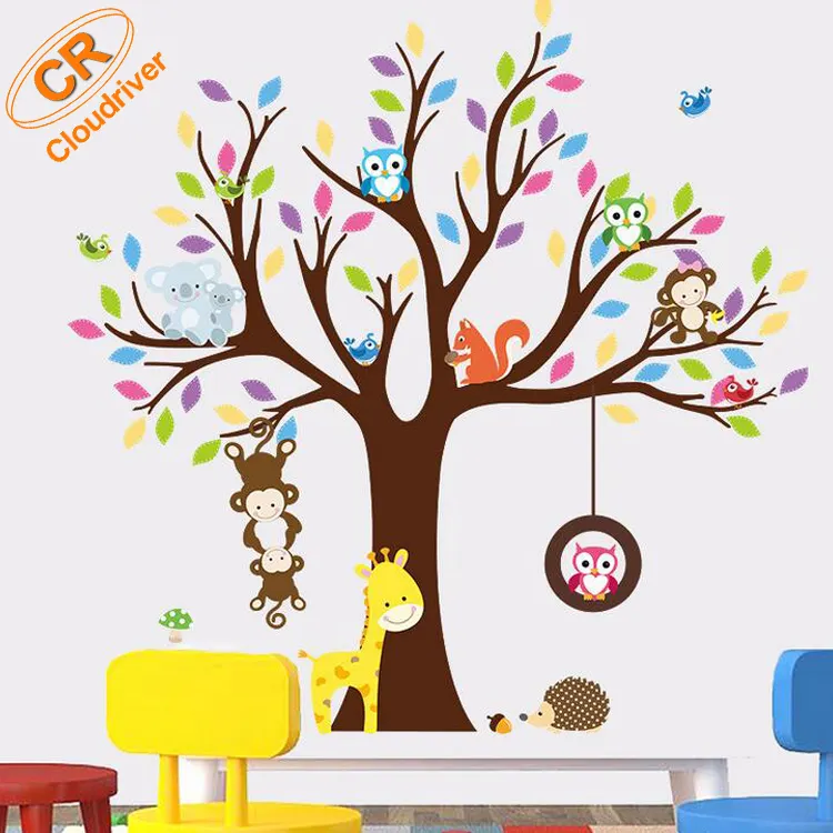 Autoadesivo variopinto su misura della parete dei bambini della decorazione di progettazione animale dell'albero