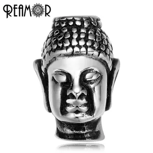 REAMOR Antique Buddhism 316l Stainless Steel Buddha Head Small Hole Beads 2mm Charms for Bracelet Men Jewelry Making