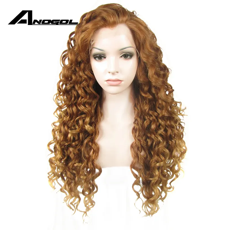 Anogol Brown Natural Long Kinky Curly Free Part High Temperature Fiber Synthetic Lace Front Wig For White Women