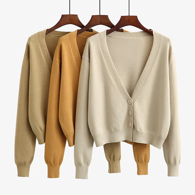 Cardigan court tricoté à manches longues pour femmes, gilet style coréen, en tricot, avec col en v, pull personnalisé, ouvert devant, ample, collection hiver 2020
