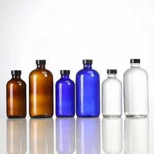 8 Oz 16 Oz Boston Putaran Amber Kaca Minyak Esensial Botol Kosmetik Botol 250 Ml 500Ml Botol Kaca Biru 28Mm Bakelite Cap