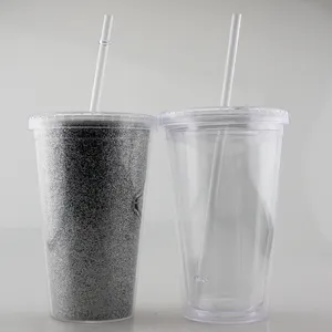 Thân Thiện Với Môi 16OZ Đôi Tường Nhựa Trong Suốt Straw Cup Nhiều Màu Cup Cốc Cà Phê Nhựa Với Chèn Ảnh