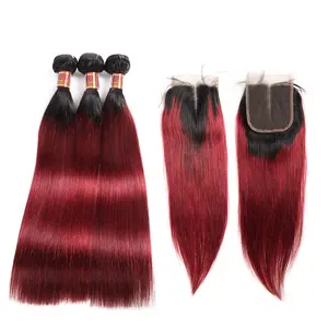 Overnight Shipping T1b/99J Color Straight Virgin Brazilian Human 3 Hair Weave Bundles With Closure