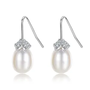 CZCITY New Women Fashion 925 Sterling Silver Freshwater Pearl Drop Flower Zircon Gold Plated Earrings