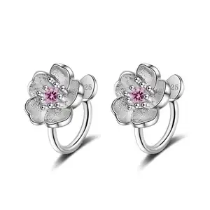 Fashion Children 925 Sterling Silver Pink Zircon Cute Flower Clip Earrings Baby Girl Women Beautiful Party Earring Jewelry