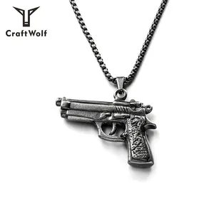 Craft Wolf Hiphop Punk Stainless Steel Pistol Necklace Jewelry