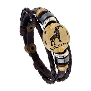 KIKI Vintage 12 zodiaco <span class=keywords><strong>bracciali</strong></span> in pelle per gli uomini moda Punk perline in legno Charm lega di bronzo gioielli anniversario di nozze regali - Product Image 3