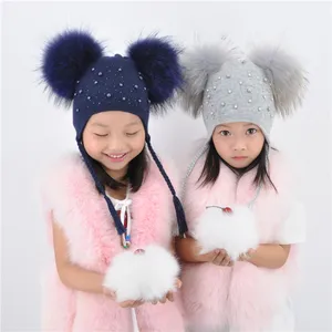 Chapeau d'hiver à pompon pour enfant avec perles et diamants bonnet en tricot de cachemire avec cordes