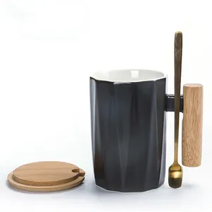 Деревянная керамическая чашка с логотипом на заказ, керамическая кружка с ложкой и деревянной ручкой