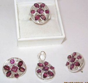Vintage Silver 925 Sterling Fine Jewelry Set Gold-Plated Ring <b>Earrings</b> Pendant <b>Garnet</b> Diamond Zircon for Wedding Anniversary - Product Image 1
