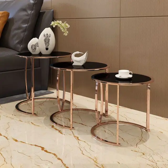 Table ronde moderne ensemble 3 pièces d'or en acier inoxydable moins cher table basse avec verre noir tops
