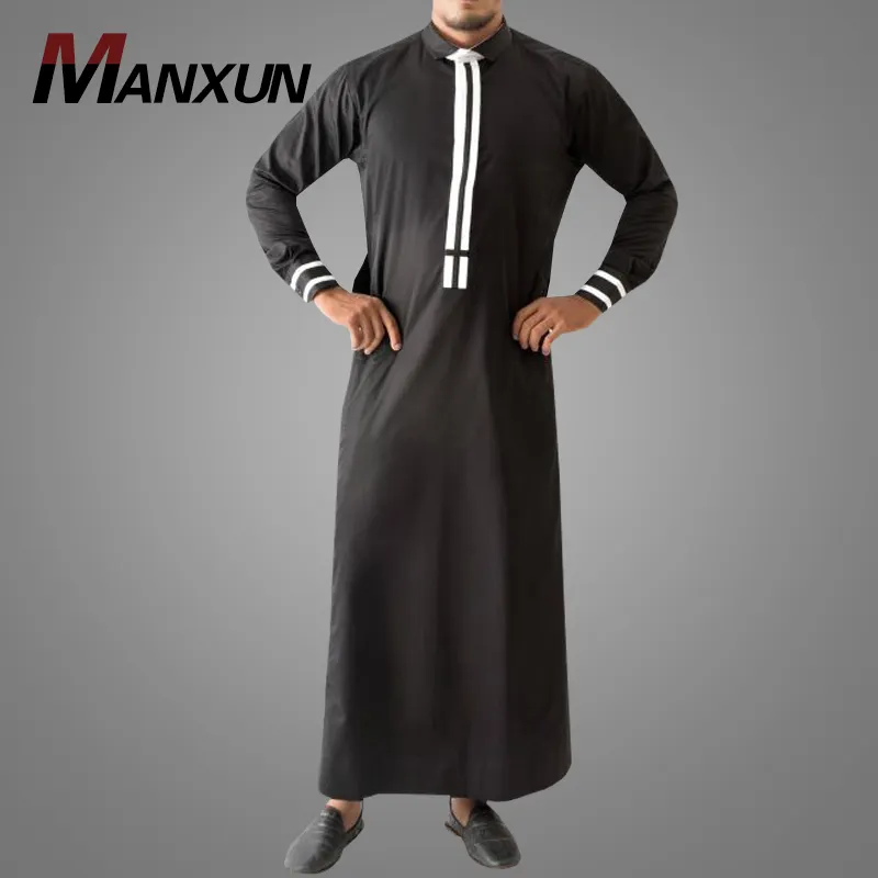 Hoge Kwaliteit Stand Kraag Baju Kaftan Hot Verkoop Zwarte Nieuwe Ontwerp Lange Mouwen Mannen Thobe Mode Stiksels Kleur Islamitische Kleding
