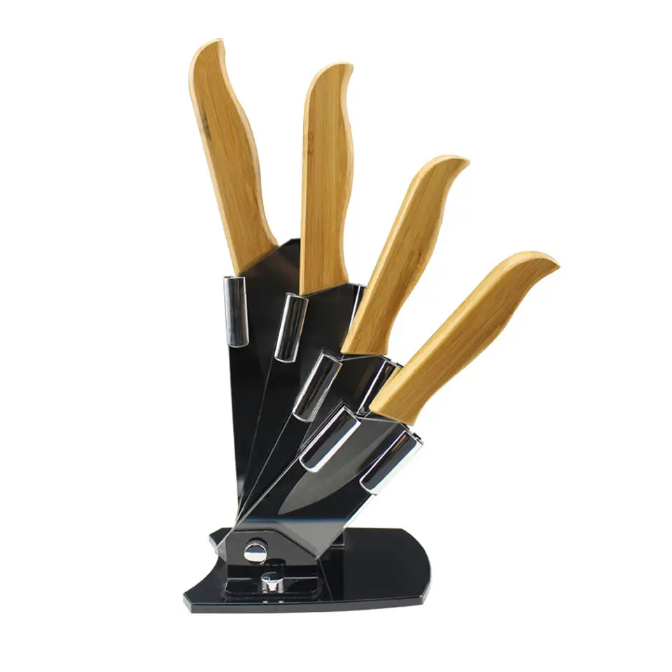 Prezzo basso di bambù maniglia in ceramica set di coltelli da cucina