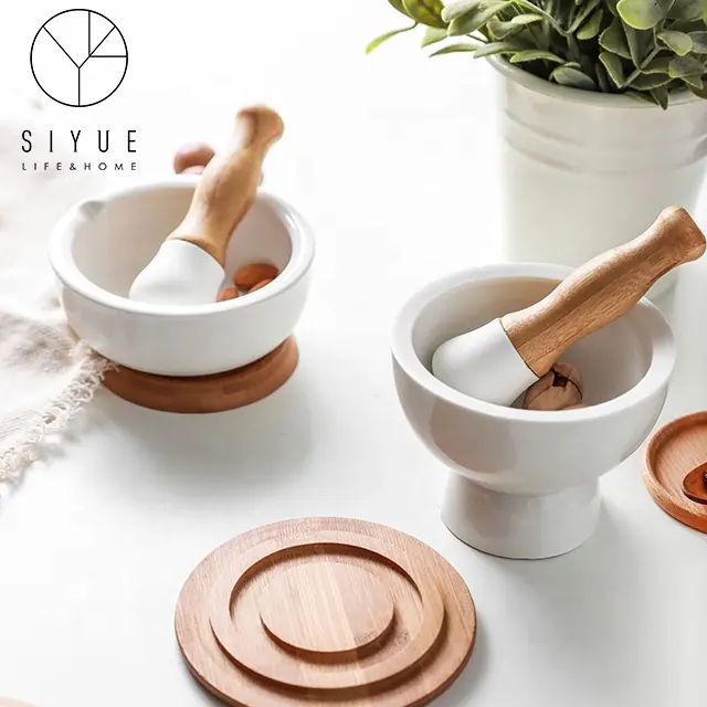 Pestle And Mortar Kitchen Manual Garlic Spice Nuts Press Heavy Granite Ceramic Mortar And Pestle With Wooden Stand