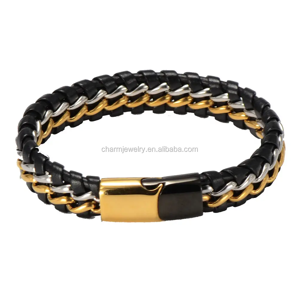 Genuine Leather Bracelet with magnetic clasp Gold color men's stainless steel Bracelet Wholesale ZPSL008
